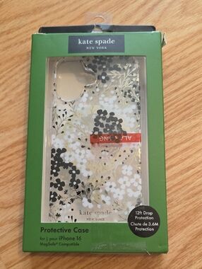 kate spade Clear Floral iPhone 16 Case with Gold Foil and Black & White Flowers